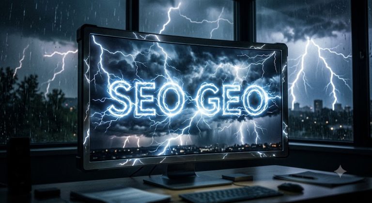 SEO and GEO on a screen during a storm
