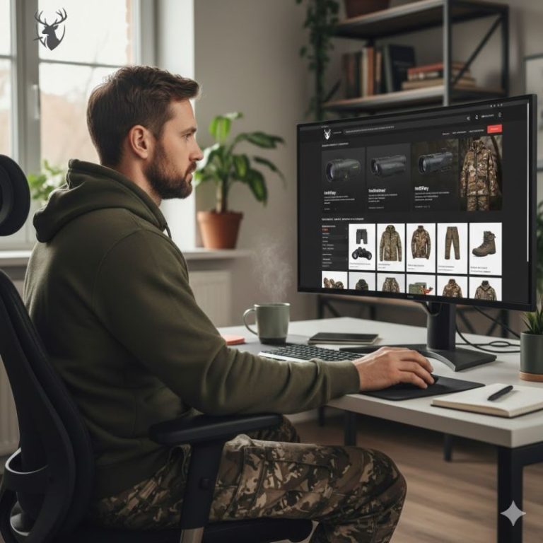 Hunting equipment online store owner reviewing product listings